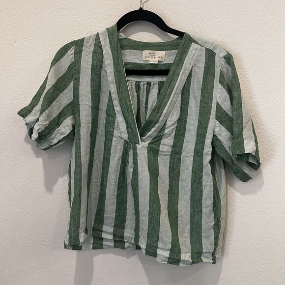Birds Of Paradise By Trovata Neve Shirt Aloe Stripe Sz M Linen Camp Lagenlook - Picture 3 of 8